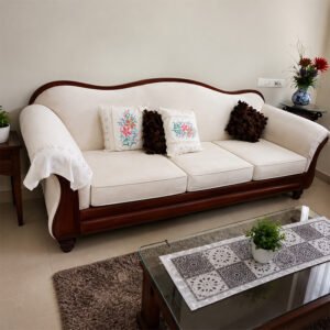 Maharaja Royal Solid Wood Off-White 3 Seater Sofa with Teak Curved Frame