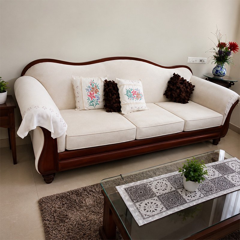 Maharaja Royal Solid Wood Off-White 3 Seater Sofa with Teak Curved Frame