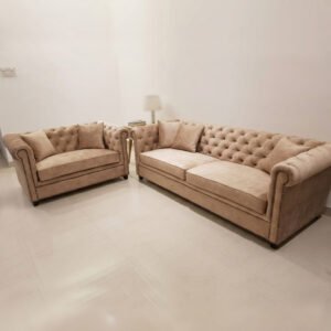 Mesa Premium Beige Suede Chesterfield Luxury Sofa Set with 3 Seater and 2 Seater Loveseat