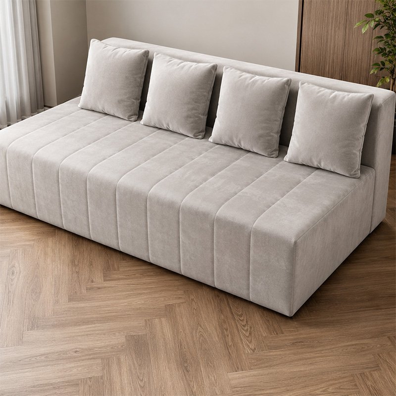 Milano Modern Light Grey Velvet Armless 3 Seater Sofa with Vertical Channel Tufting and Four Pillows