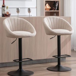 Modern Cream Boucle Swivel Bar Stool with Curved Channel-Tufted Back and Matte Black Pedestal Base