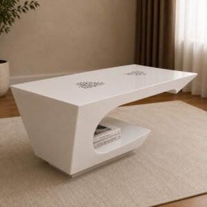 Modern High-Gloss White Rectangular Coffee Table with C-Shape Cantilever Design and Integrated Magazine Storage