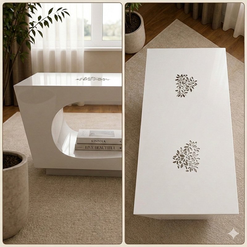 Modern High-Gloss White Rectangular Coffee Table with C-Shape Cantilever Design and Integrated Magazine Storage