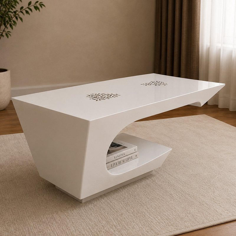 Modern High-Gloss White Rectangular Coffee Table with C-Shape Cantilever Design and Integrated Magazine Storage