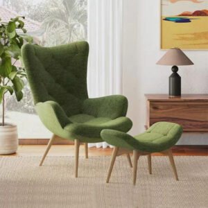 Modern Green Wingback Lounge Chair with Matching Ottoman