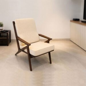 Modern Wooden Lounge Accent Chair with Beige Upholstery