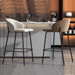 Set of Two Modern Minimalist Bar Stools Upholstered in Cream and Brown Textured Fabric with Slim Matte Black Metal Legs