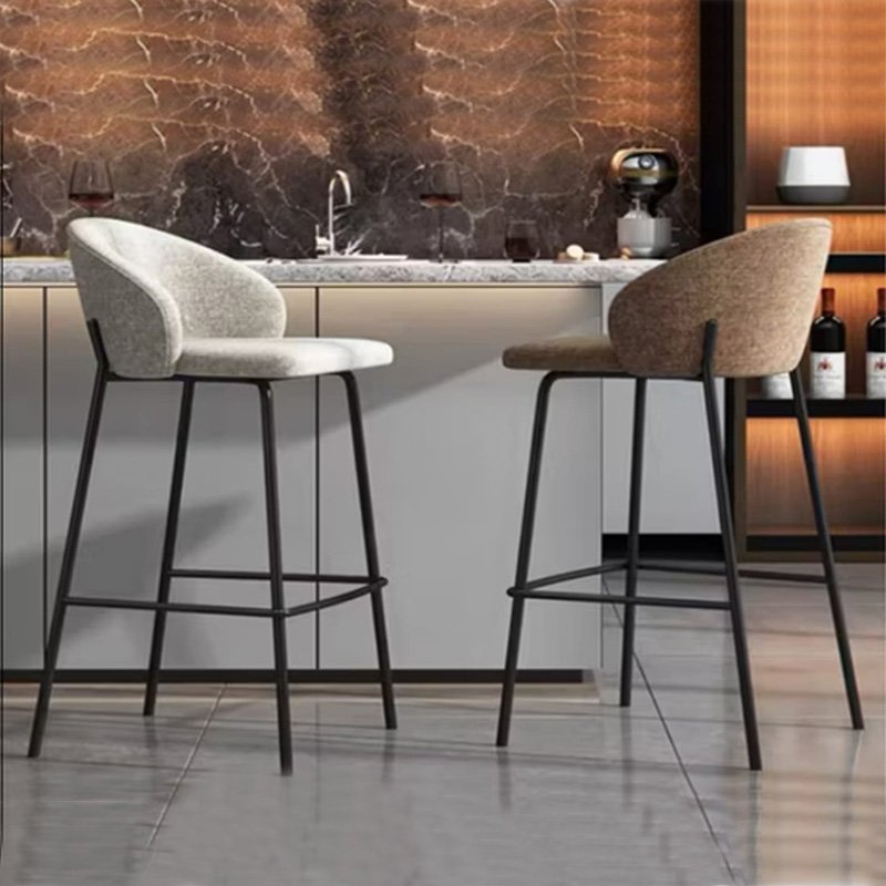 Set of Two Modern Minimalist Bar Stools Upholstered in Cream and Brown Textured Fabric with Slim Matte Black Metal Legs