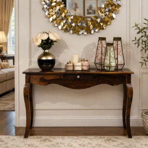 Premium Solid Wood Entryway Console Table with Rich Teak Polish, Single Drawer, and Curved Cabriole Legs