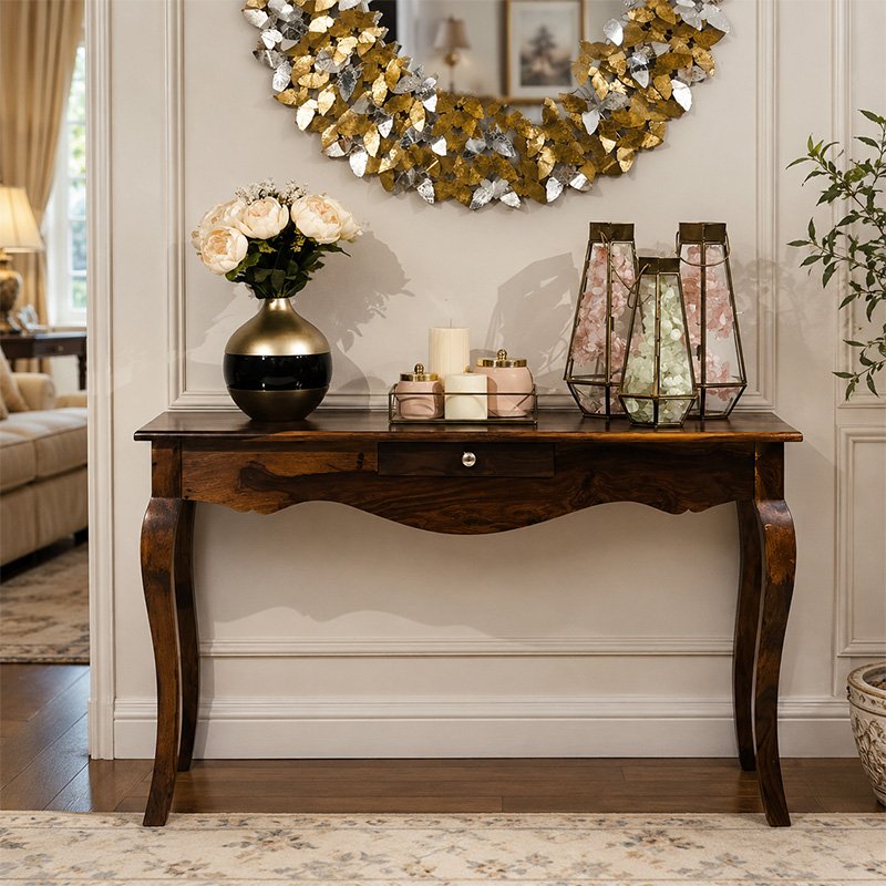 Premium Solid Wood Entryway Console Table with Rich Teak Polish, Single Drawer, and Curved Cabriole Legs