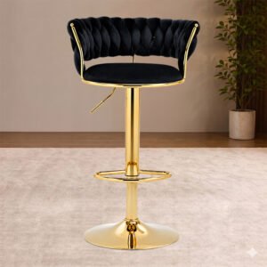 Royal Black Velvet Swivel Bar Stool with Golden Base and Integrated Footrest