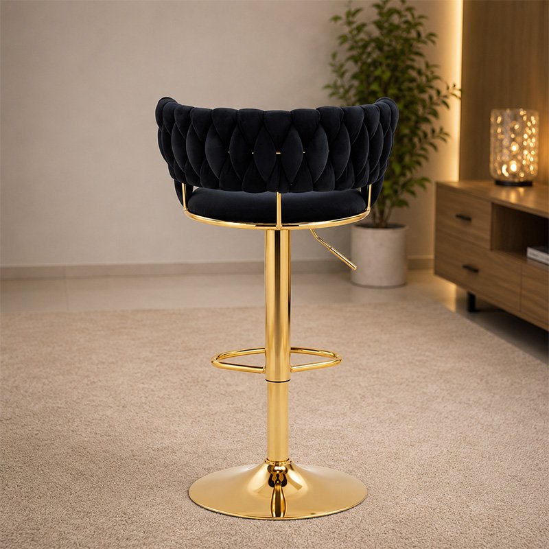 Royal Black Velvet Swivel Bar Stool with Golden Base and Integrated Footrest