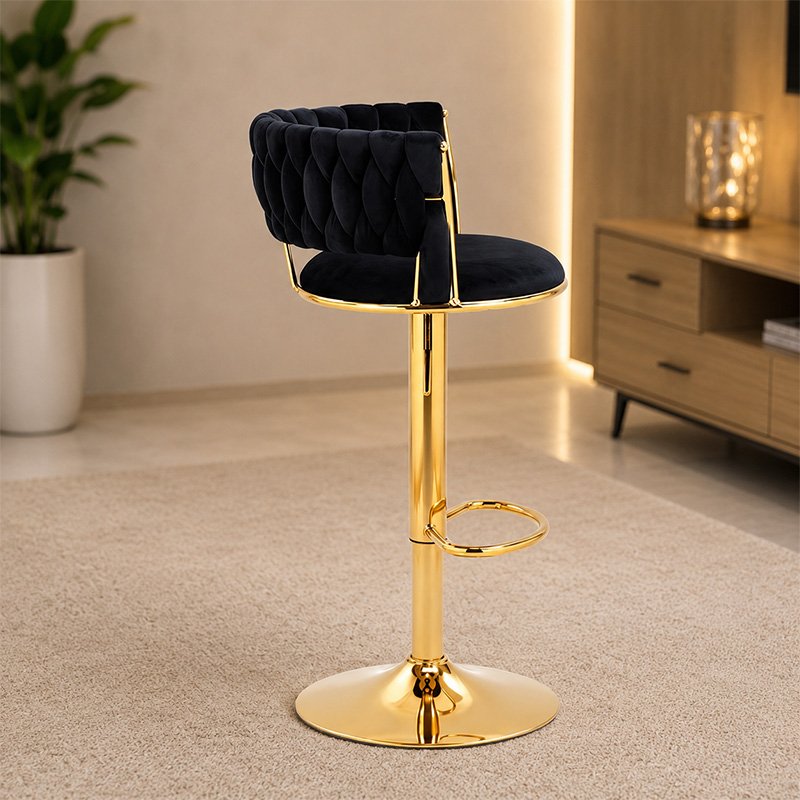 Royal Black Velvet Swivel Bar Stool with Golden Base and Integrated Footrest