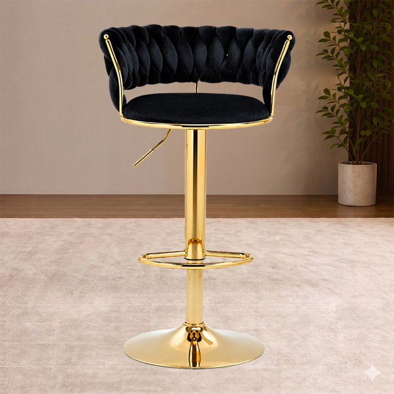 Royal Black Velvet Swivel Bar Stool with Golden Base and Integrated Footrest