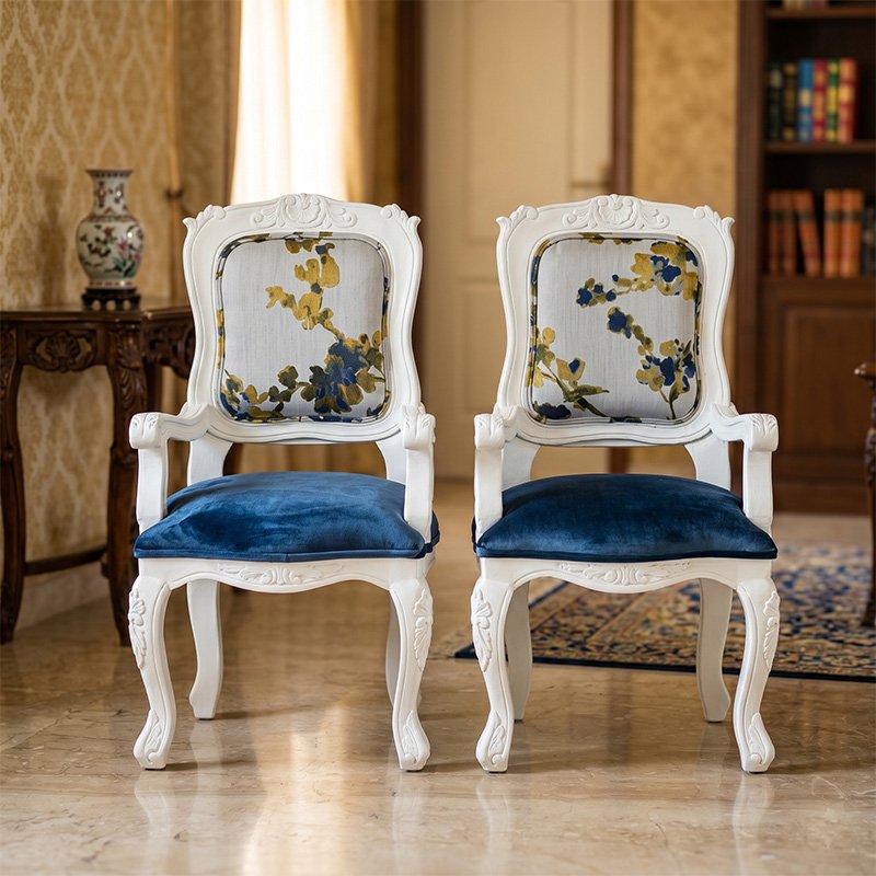 Royal Blue Velvet Accent Chair with Floral Upholstered Backrest