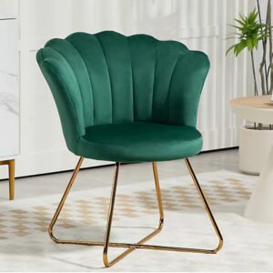 Royal Emerald Green Velvet Scalloped Shell Accent Chair with Gold Cross Base Legs