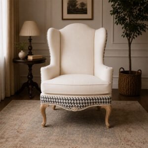 Royal Imperial Dual-Tone Wingback Accent Chair with Cream and Geometric Pattern Fabric