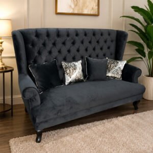 Royal Kensington Charcoal Grey Velvet Wingback Chesterfield 3 Seater Sofa with Designer Cushions