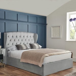 Royal Kensington Soft Grey Velvet Tufted King Size Bed with Wingback Headboard