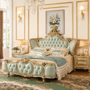 Royal luxury upholstered king size bed with elegant golden carving and premium finish