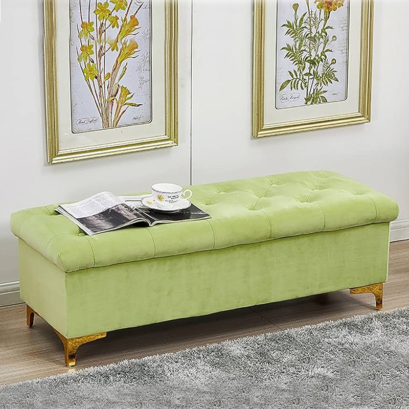 Royal Olive Lime Velvet Chesterfield Storage Ottoman Bench with Gold Feet