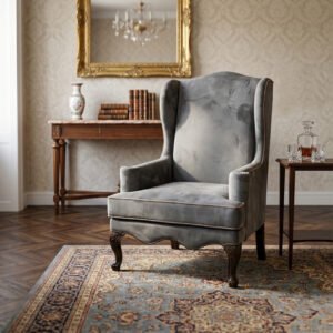 Royal Slate Grey Velvet Wingback Accent Chair with Carved Dark Wood Legs