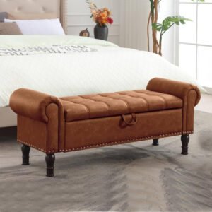 Royal Tan Faux Leather Chesterfield Bed-End Storage Bench with Rolled Armrests and Turned Wooden Legs