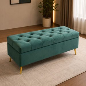 Royal Teal Green Velvet Chesterfield Storage Ottoman Bench with Gold Legs