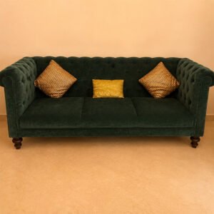 Royal Velvet Tufted 3 Seater Sofa in Dark Green Finish