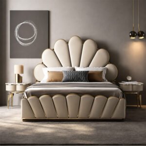 Seraphina Royal Ivory Velvet Scalloped Shell King Size Bed with Gold Metal Trim