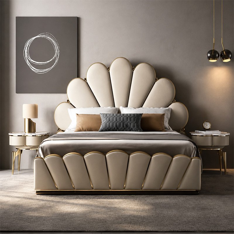 Seraphina Royal Ivory Velvet Scalloped Shell King Size Bed with Gold Metal Trim