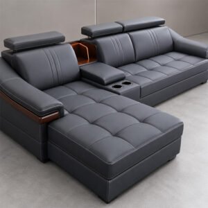 Titan Ultra-Modern Tech Integrated Charcoal Grey Leather L-Shape Sectional Sofa with Cup Holders