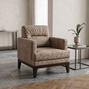Urban Elegance Taupe Suede Luxury Accent Chair with Dark Wood Base Frame