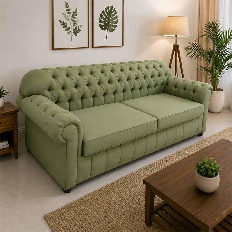Verde Classic Olive Green Fabric Chesterfield 3 Seater Sofa with Button Tufting
